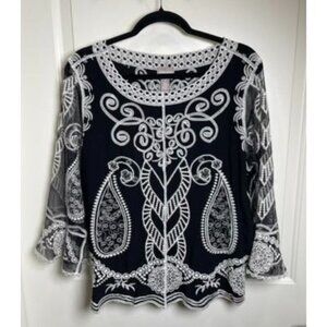 Chicos Embroidered Black White Paisley Sheer Top Sz 12/14   Boho Chic Dressy